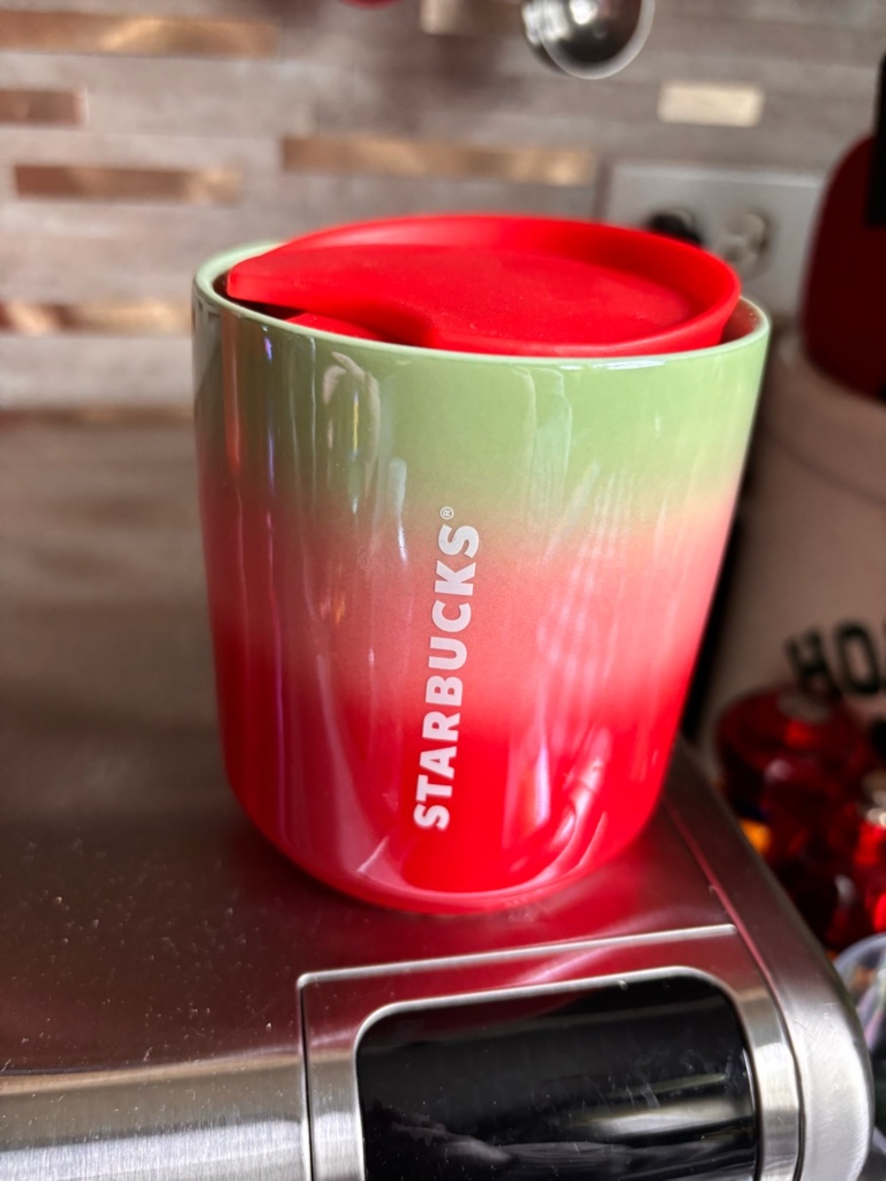 Starbucks Green-to-Red Ombre Ceramic Tumbler with Red Lid